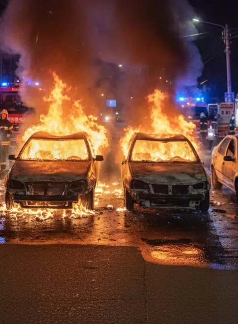 INCIDENT ȘOCANT în Ploiești! Patru mașini parcate au luat foc în miez de noapte! 😱🚨