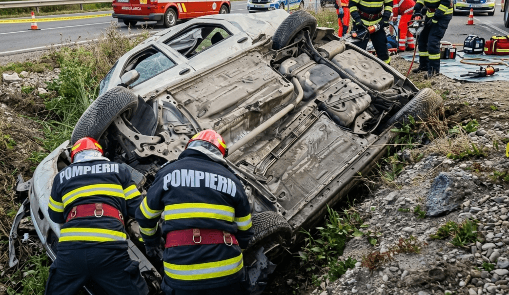 Răsturnare pe DN 7 la Sălcuța! Un șofer de 52 de ani și doi pasageri au ajuns de urgență la spital