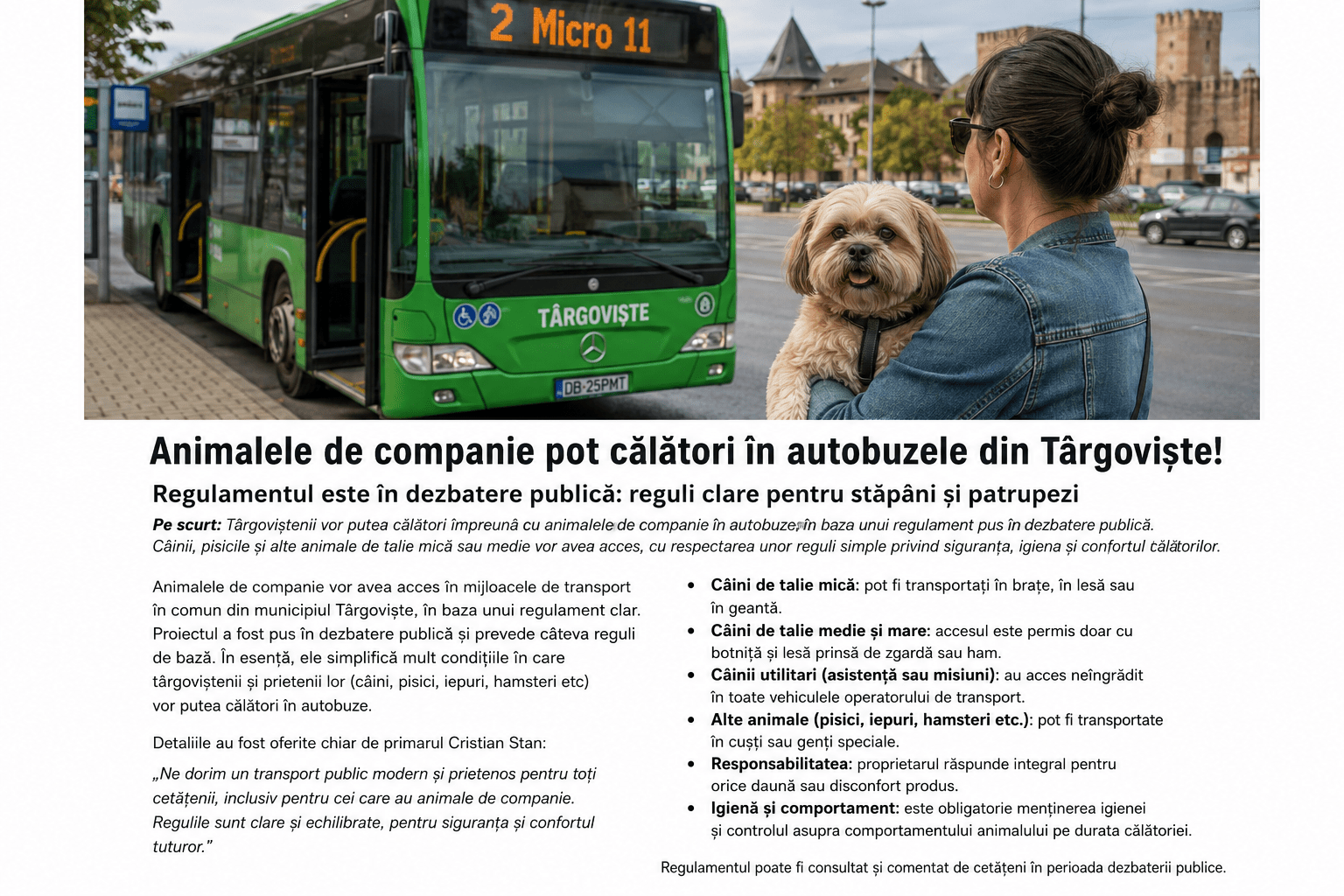 Animalele de companie, acceptate în autobuzele din Târgoviște – regulament nou în dezbatere