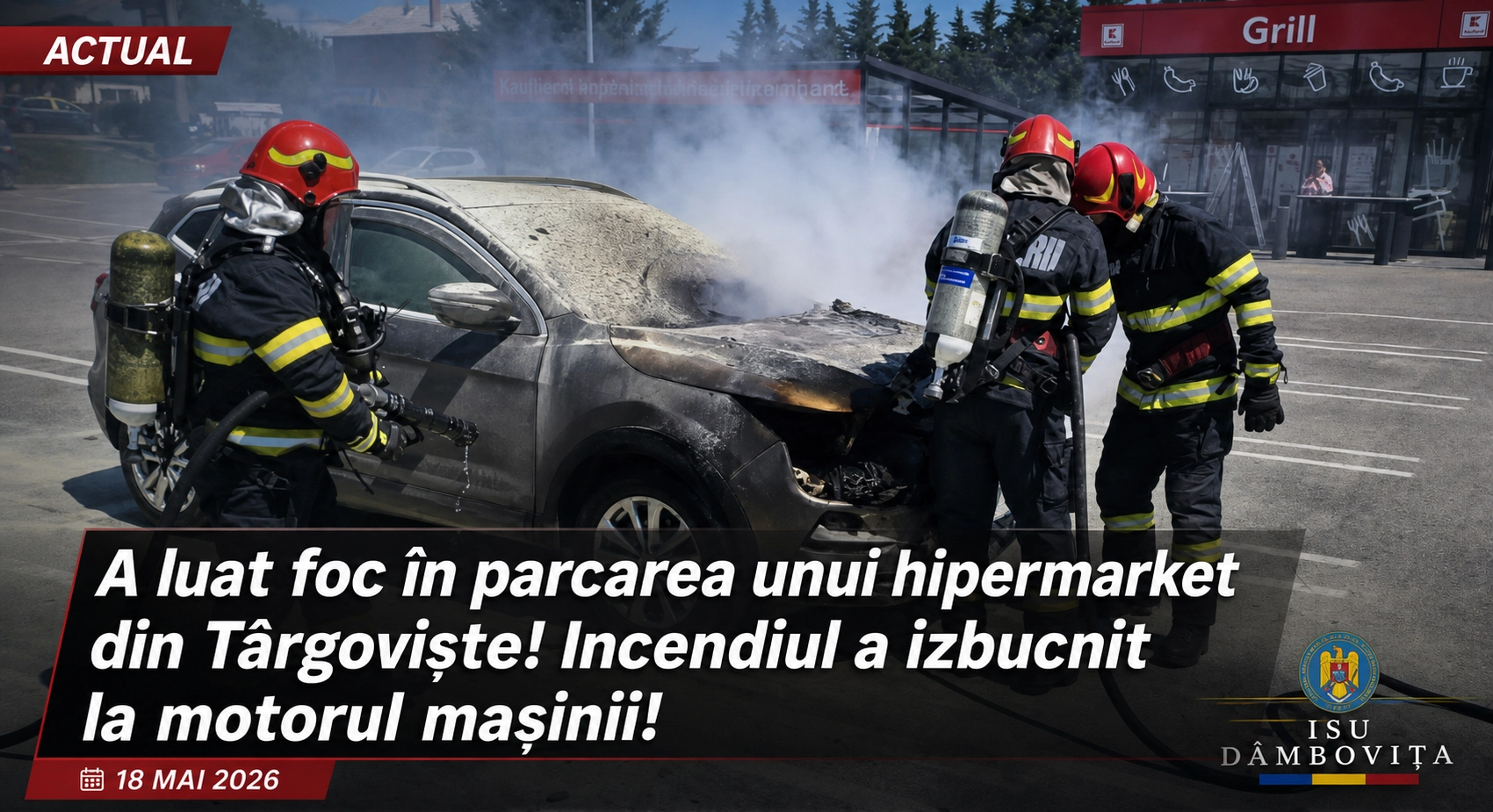 Alertă în Târgoviște! O mașină a luat foc din senin, pompierii au intervenit de urgență!