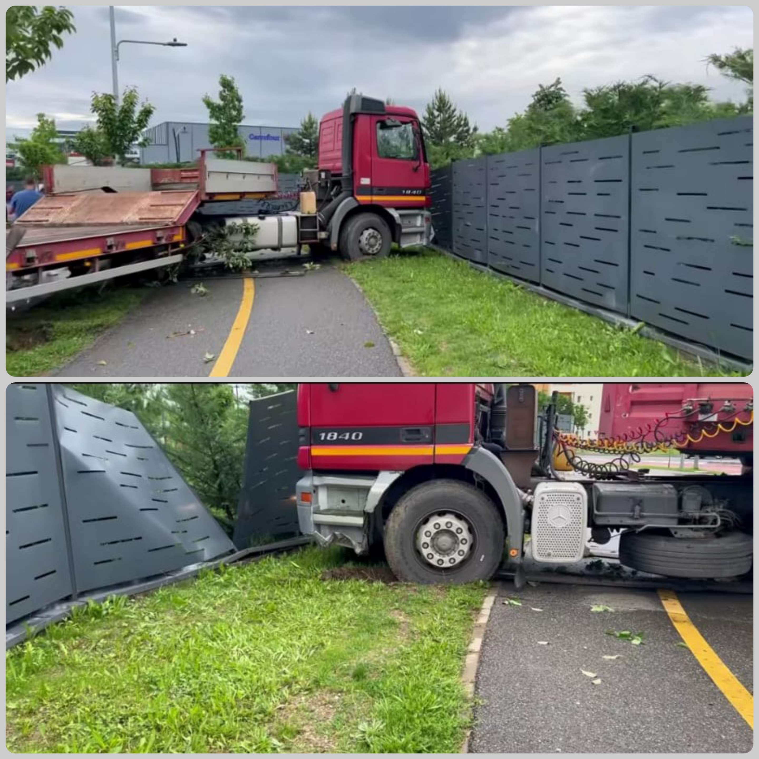 Un TIR a spulberat gardul de la Dâmbovița Mall! Impact violent în sensul giratoriu