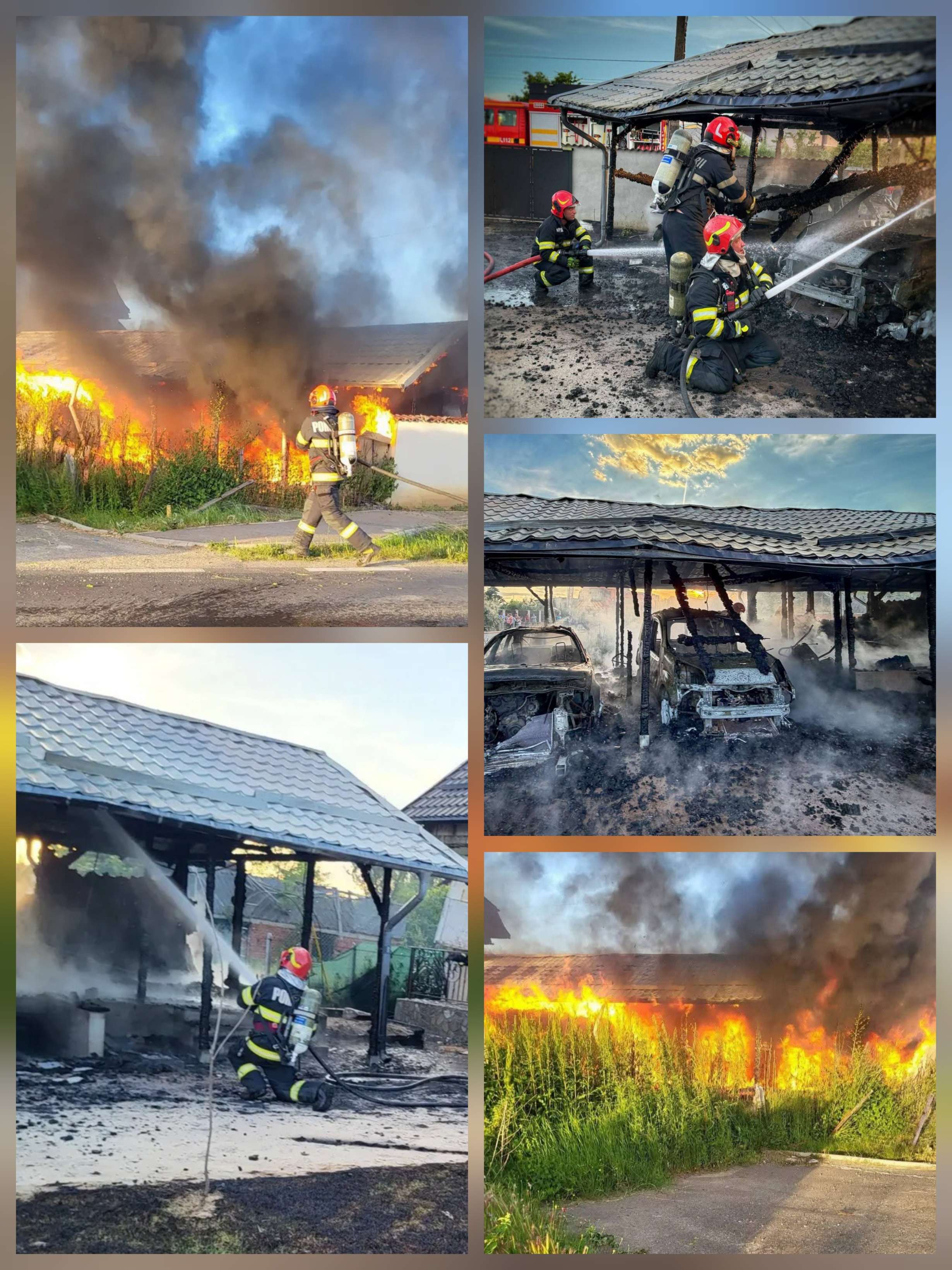 Dezastru la Comișani! Un incendiu violent a mistuit două mașini, un garaj și o anexă