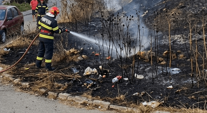 Flăcări în cartierul Romlux din Târgoviște! Vegetatia și deșeurile au luat foc