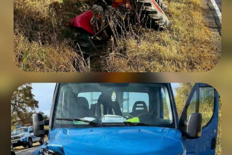 Impact teribil pe DN 72A! Tractor spulberat de o autoutilitară și răsturnat în șanț la Voinești!